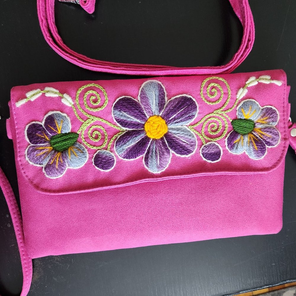 Peruvian Handmade Embroidered Faux Suede Flower Bag